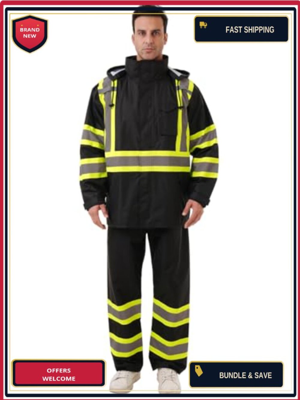 Hi Vis Class 3 Waterproof Safety Rain Jacket with Pockets, 100% Polyester,